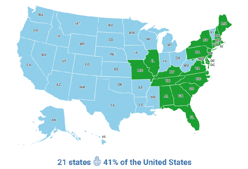 All the States I cycled through on the Grand Slam Plan! adventure including the East Coast Greenway.
